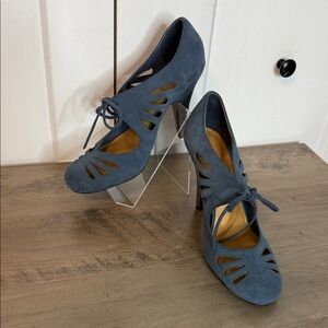 Crown Vintage | Bruges Blue Suede Laser cut design Maryjane lace up Heels - 8